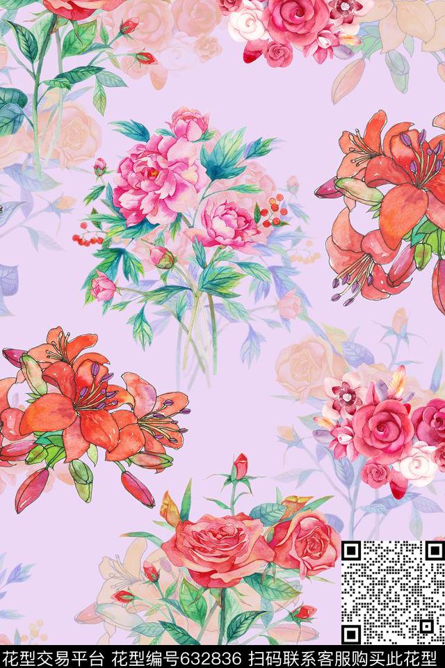 旗袍连衣裙手绘花卉数码印花华亿平台下载（图片编号: 632836） - 瓦栏（Walan）