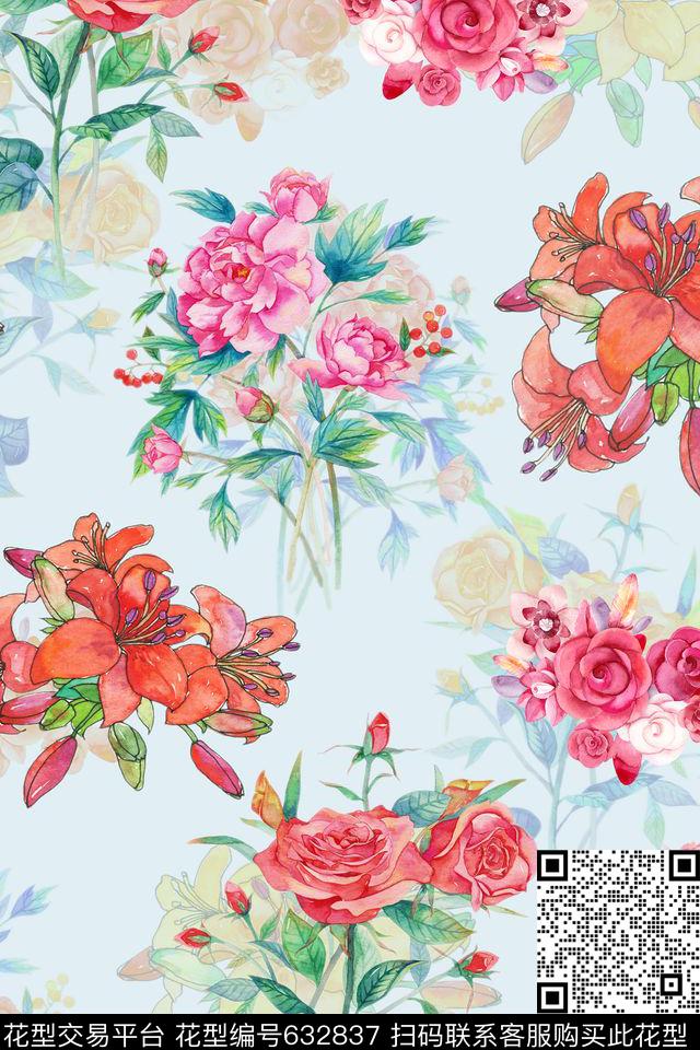 旗袍连衣裙手绘花卉数码印花华亿平台下载（图片编号: 632837） - 瓦栏（Walan）