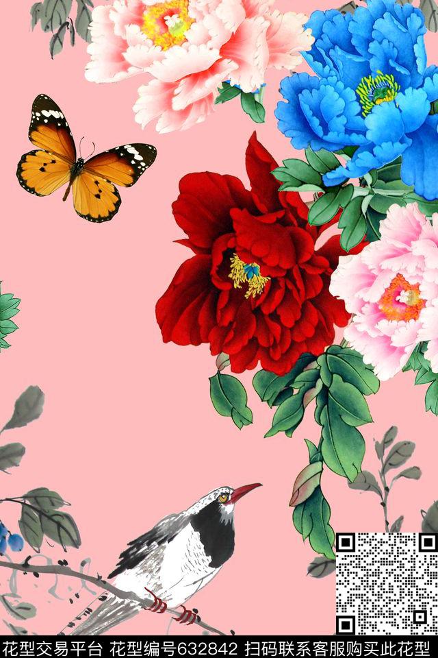 花鸟牡丹花朵数码印花华亿平台下载（图片编号: 632842） - 瓦栏（Walan）