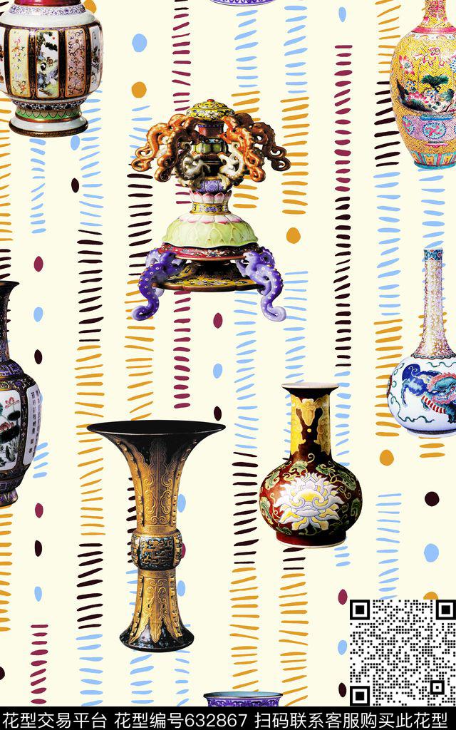 中国风瓷器条纹数码印花华亿平台下载（图片编号: 632867） - 瓦栏（Walan）