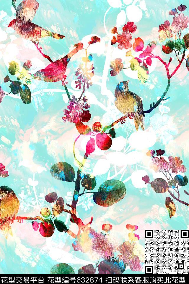花鸟纹理底纹抽象水彩纹数码印花华亿平台下载（图片编号: 632874） - 瓦栏（Walan）