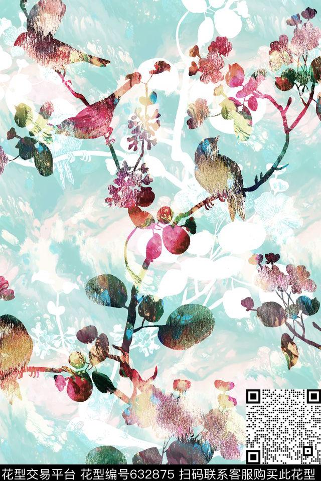 花鸟纹理底纹抽象水彩纹数码印花华亿平台下载（图片编号: 632875） - 瓦栏（Walan）