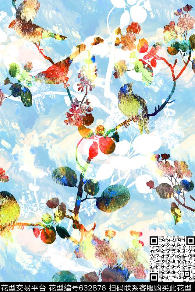 花鸟纹理底纹抽象水彩纹数码印花华亿平台下载（图片编号: 632876） - 瓦栏（Walan）