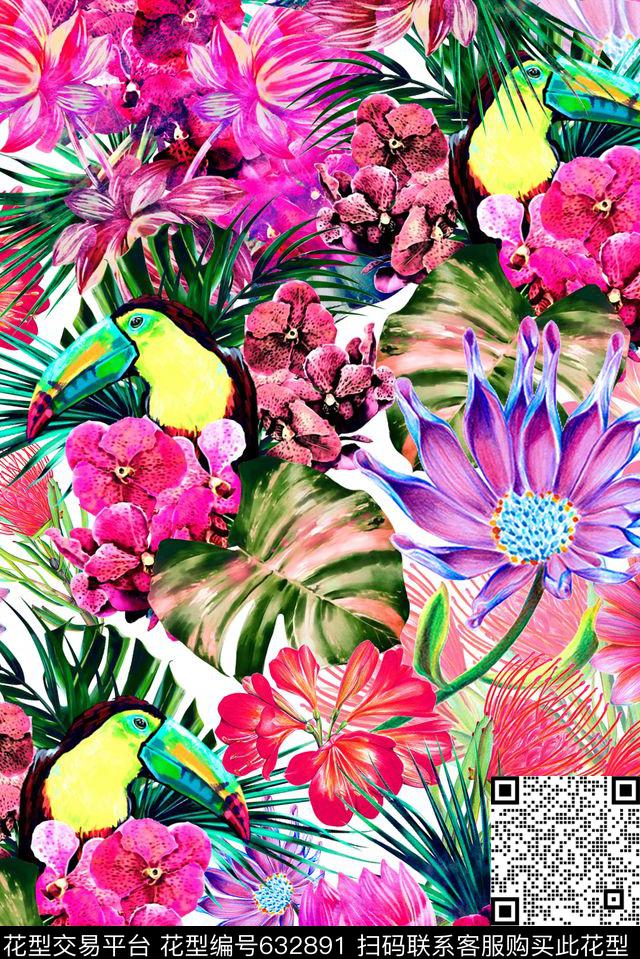 棕榈叶手绘花卉数码印花华亿平台下载（图片编号: 632891） - 瓦栏（Walan）