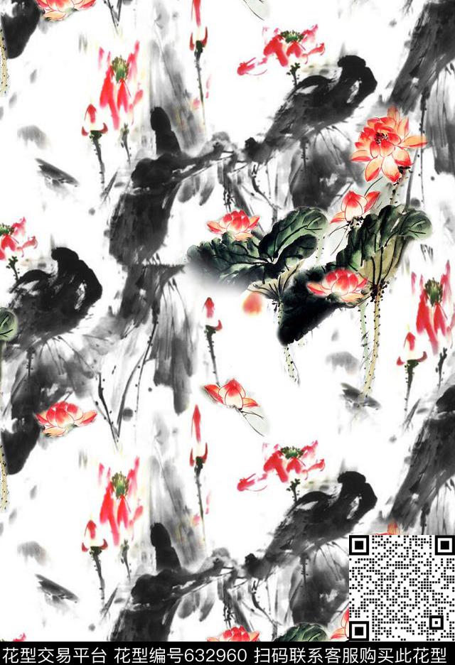 水墨荷花花朵花卉数码印花华亿平台下载（图片编号: 632960） - 瓦栏（Walan）