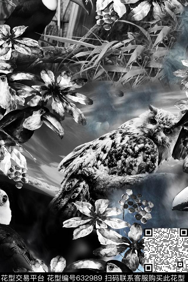 花卉大嘴鸟猫头鹰数码印花华亿平台下载（图片编号: 632989） - 瓦栏（Walan）