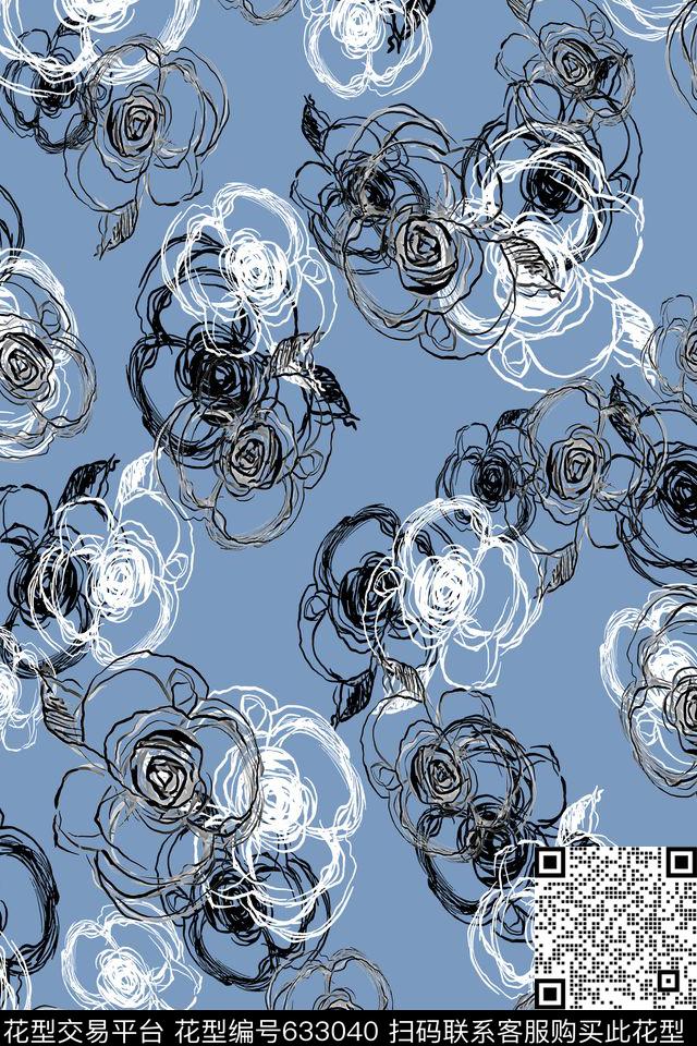 几何线描花卉传统印花华亿平台下载（图片编号: 633040） - 瓦栏（Walan）