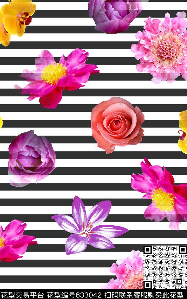 花卉条纹时尚数码印花华亿平台下载（图片编号: 633042） - 瓦栏（Walan）