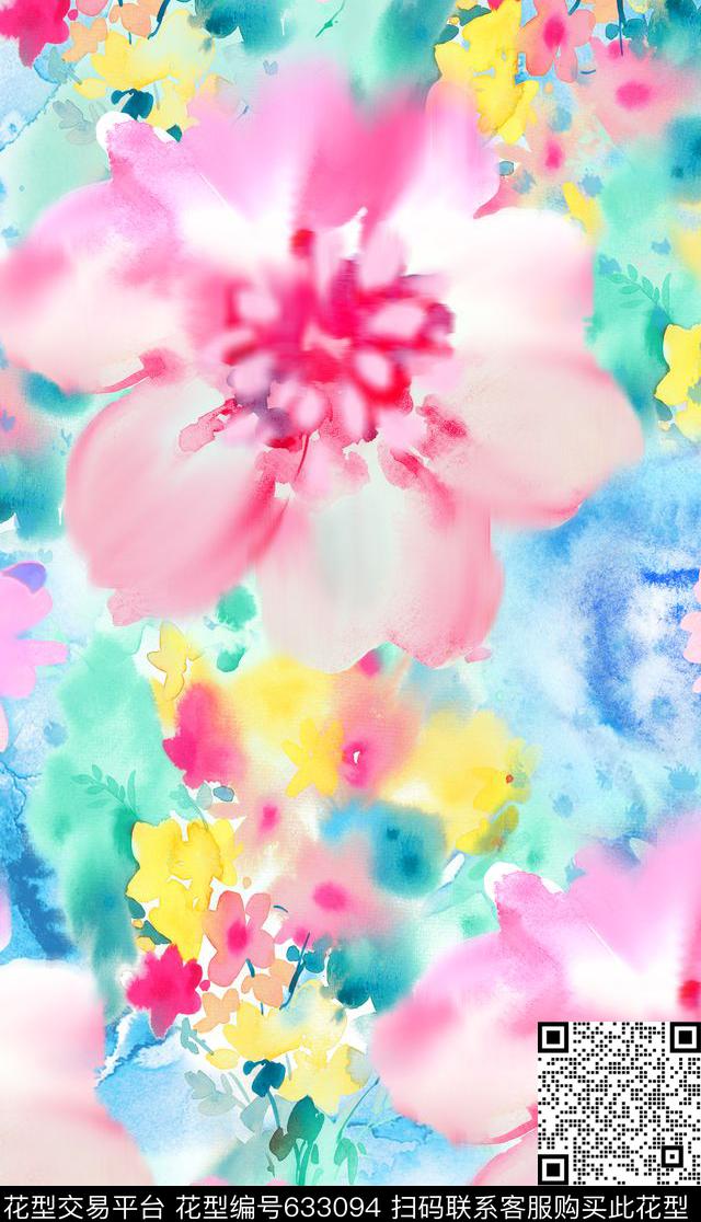 花卉手绘满版数码印花华亿平台下载（图片编号: 633094） - 瓦栏（Walan）