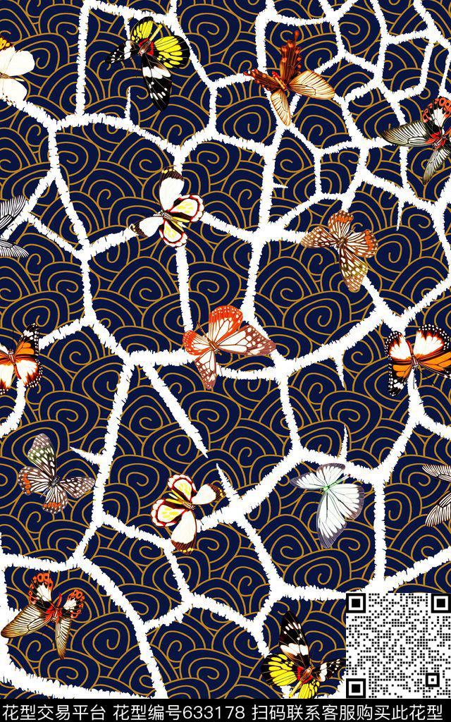 蝴蝶传统花纹龟裂纹数码印花华亿平台下载（图片编号: 633178） - 瓦栏（Walan）