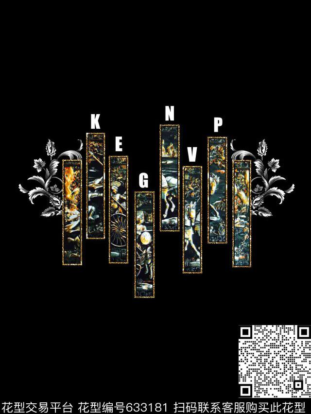 复古相框卷草男装T恤数码印花华亿平台下载（图片编号: 633181） - 瓦栏（Walan）