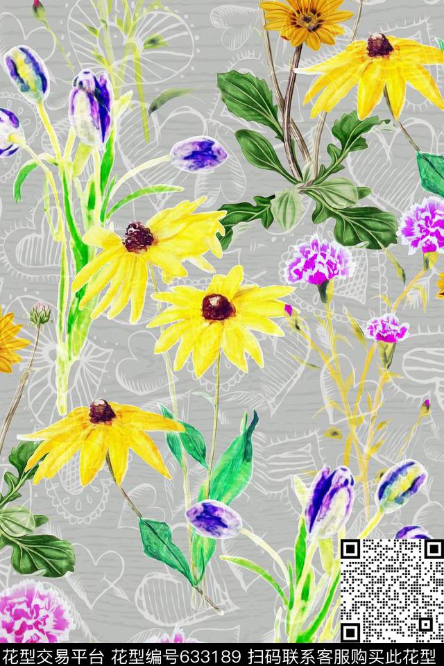 水彩菊花康乃馨数码印花华亿平台下载（图片编号: 633189） - 瓦栏（Walan）