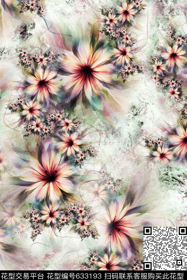 抽象分形花卉朦胧底雪纺数码印花华亿平台下载（图片编号: 633193） - 瓦栏（Walan）