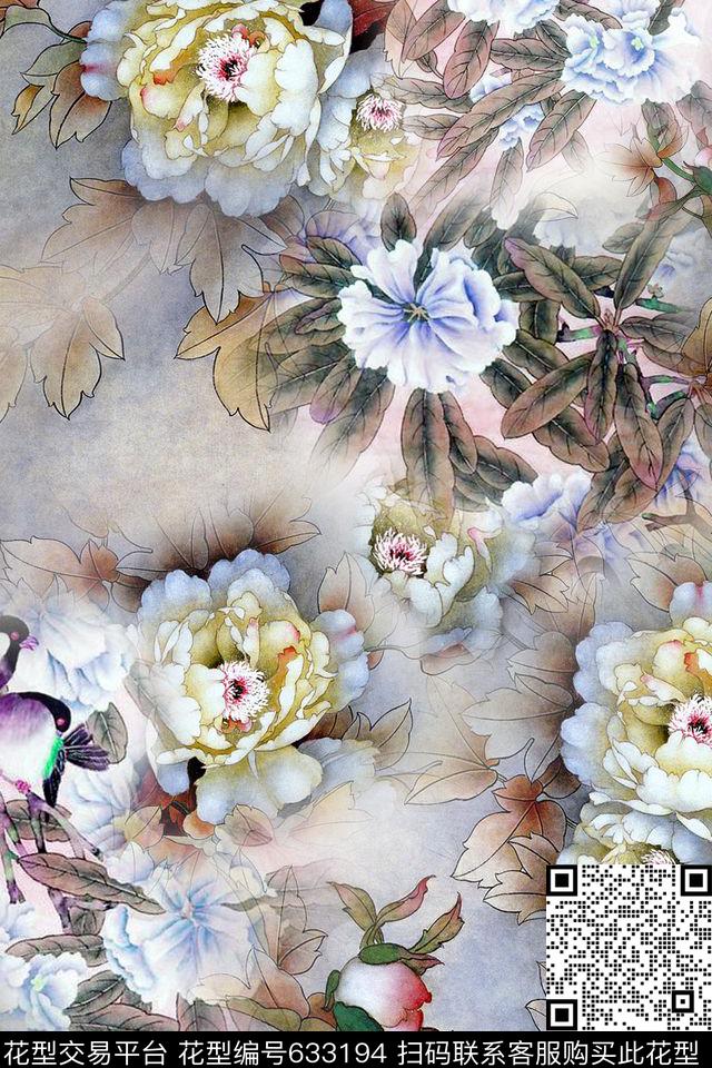 工笔荷花素雅牡丹朦胧底数码印花华亿平台下载（图片编号: 633194） - 瓦栏（Walan）