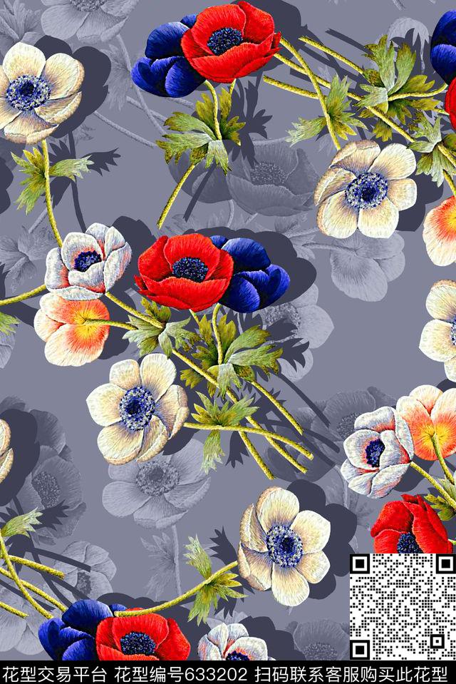 抽象花卉刺绣花卉数码印花华亿平台下载（图片编号: 633202） - 瓦栏（Walan）