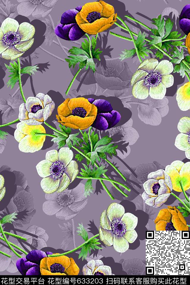 抽象花卉刺绣花卉数码印花华亿平台下载（图片编号: 633203） - 瓦栏（Walan）