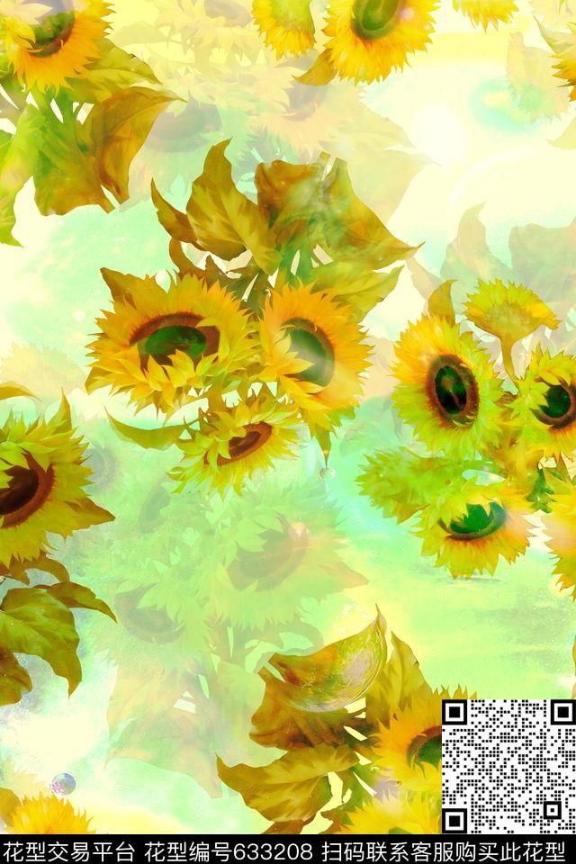 向日葵花枝模糊花卉数码印花华亿平台下载（图片编号: 633208） - 瓦栏（Walan）