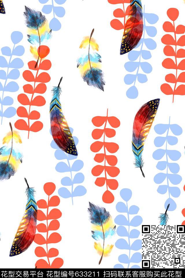 清新时尚手绘羽毛简单叶子数码印花华亿平台下载（图片编号: 633211） - 瓦栏（Walan）