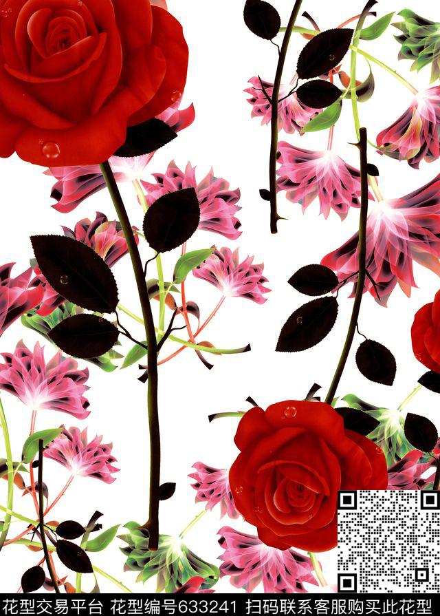 大花玫瑰花朵数码印花华亿平台下载（图片编号: 633241） - 瓦栏（Walan）