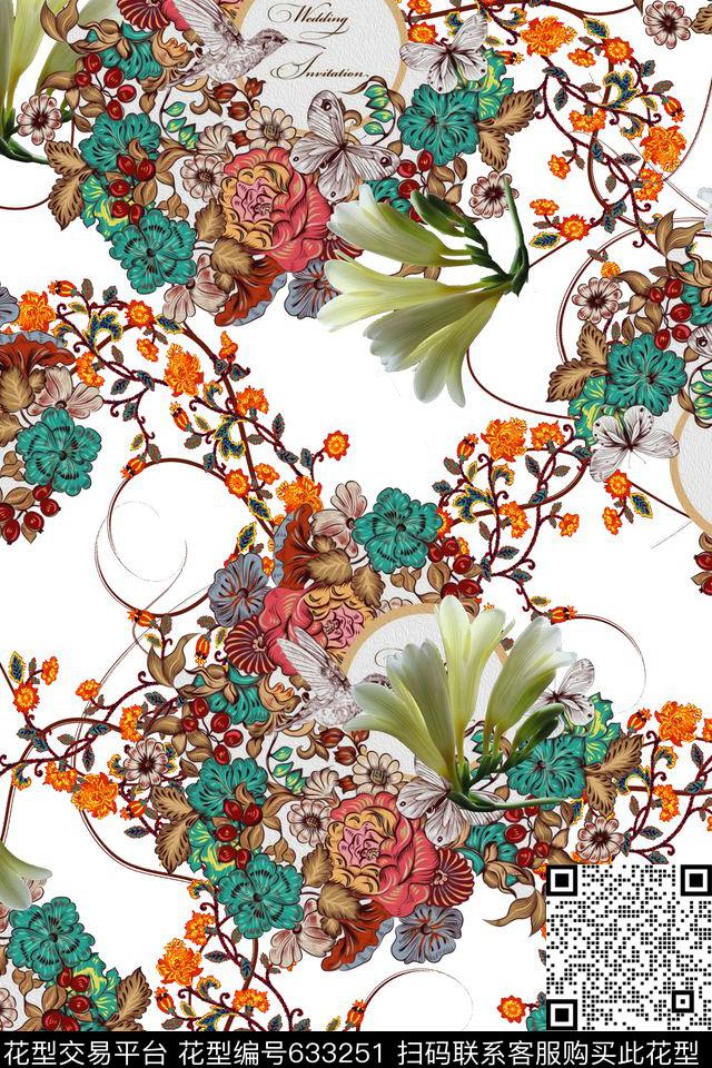 花卉枝条花抽象数码印花华亿平台下载（图片编号: 633251） - 瓦栏（Walan）