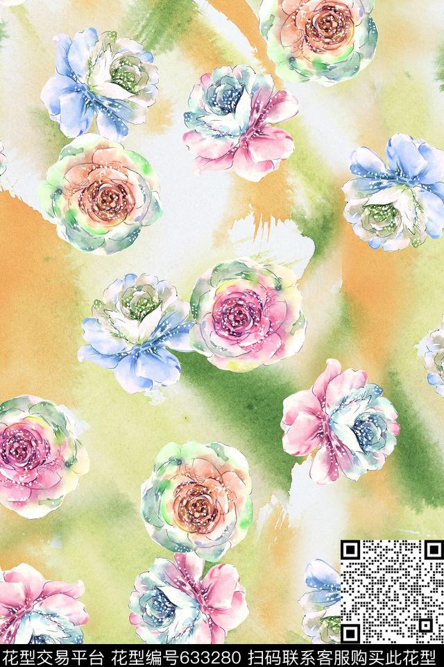 流行时尚笔触花卉数码印花华亿平台下载（图片编号: 633280） - 瓦栏（Walan）