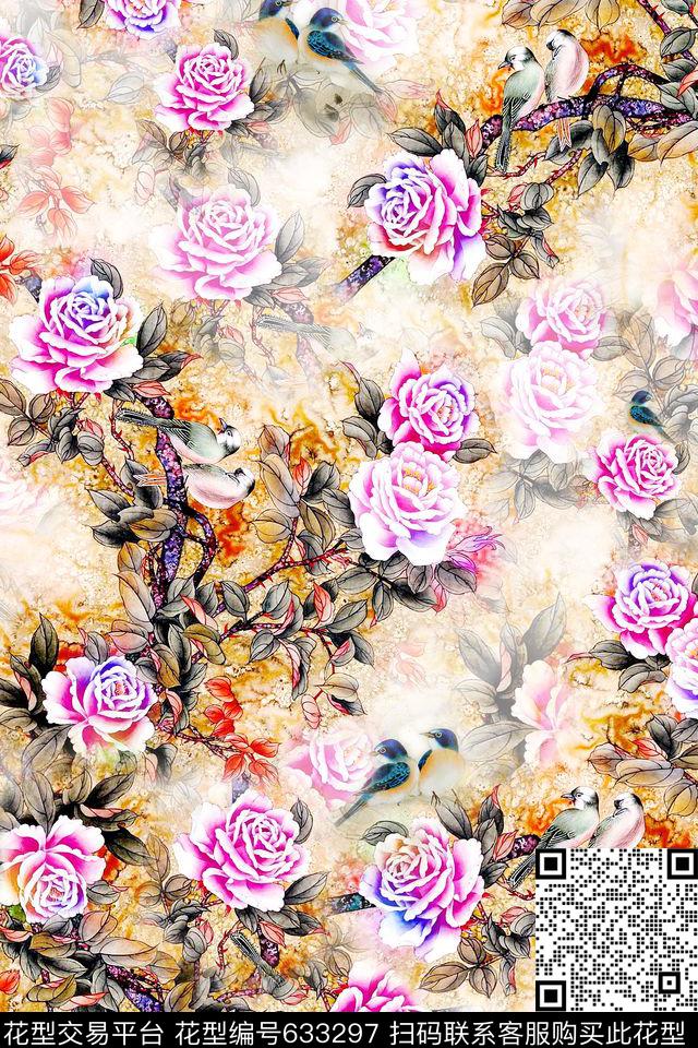花鸟中国风工笔画数码印花华亿平台下载（图片编号: 633297） - 瓦栏（Walan）