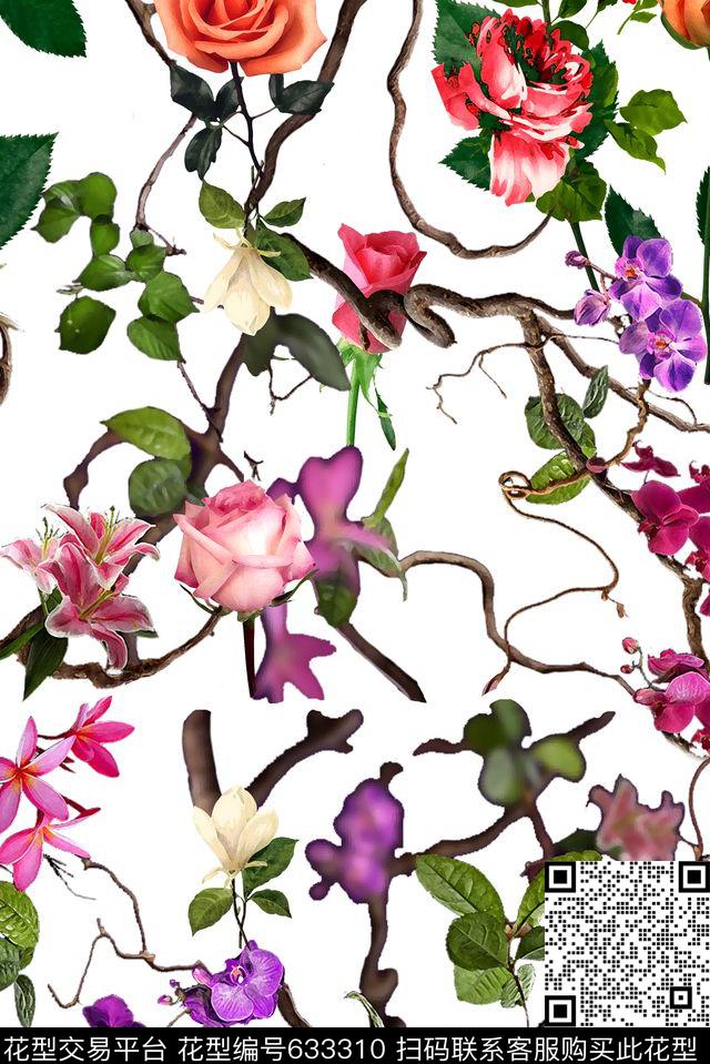 清新花卉玫瑰面料花数码印花华亿平台下载（图片编号: 633310） - 瓦栏（Walan）