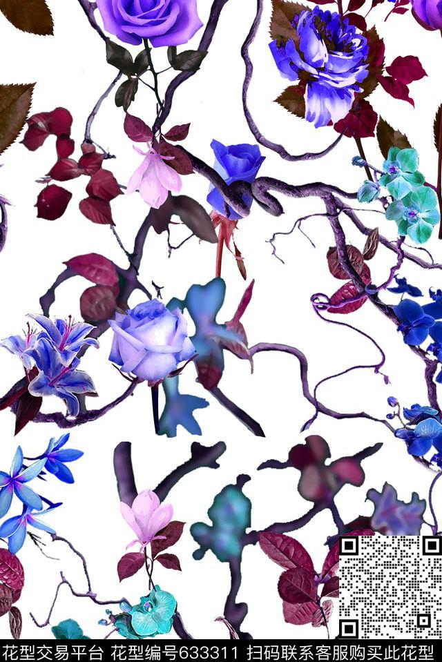 清新花卉玫瑰面料花数码印花华亿平台下载（图片编号: 633311） - 瓦栏（Walan）