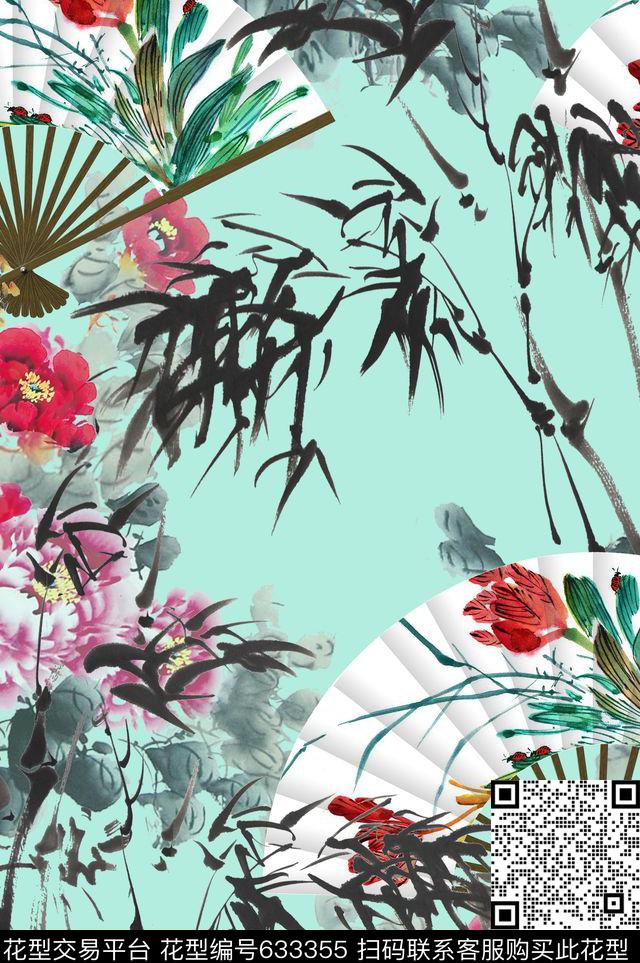竹花卉扇子数码印花华亿平台下载（图片编号: 633355） - 瓦栏（Walan）