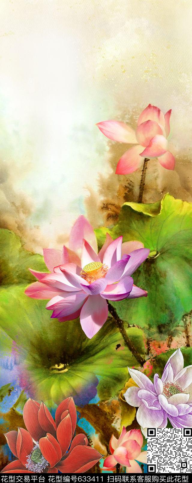 荷花花卉定位花数码印花华亿平台下载（图片编号: 633411） - 瓦栏（Walan）