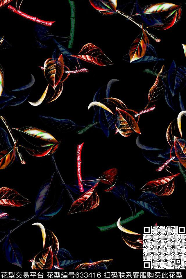 手绘叶子树枝数码印花华亿平台下载（图片编号: 633416） - 瓦栏（Walan）