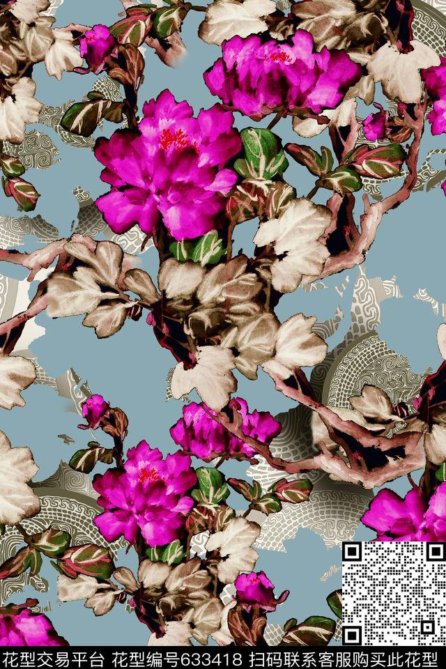 手绘中国风写实花卉牡丹数码印花华亿平台下载（图片编号: 633418） - 瓦栏（Walan）