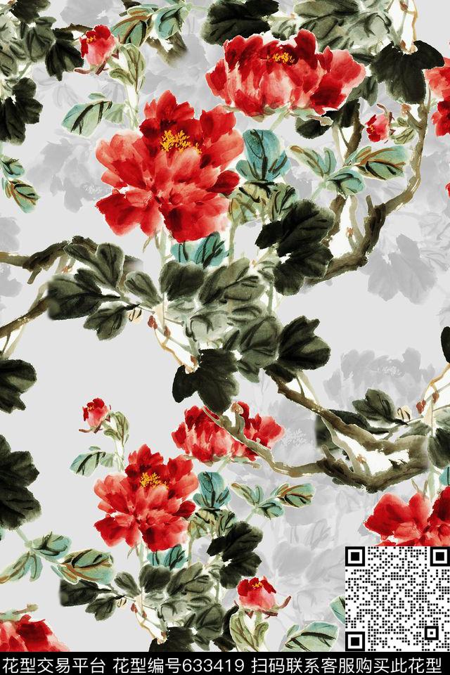 手绘中国风写实花卉牡丹数码印花华亿平台下载（图片编号: 633419） - 瓦栏（Walan）