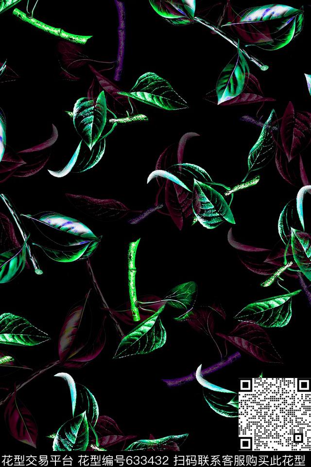 手绘叶子树枝数码印花华亿平台下载（图片编号: 633432） - 瓦栏（Walan）