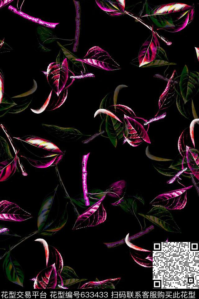 手绘叶子树枝数码印花华亿平台下载（图片编号: 633433） - 瓦栏（Walan）