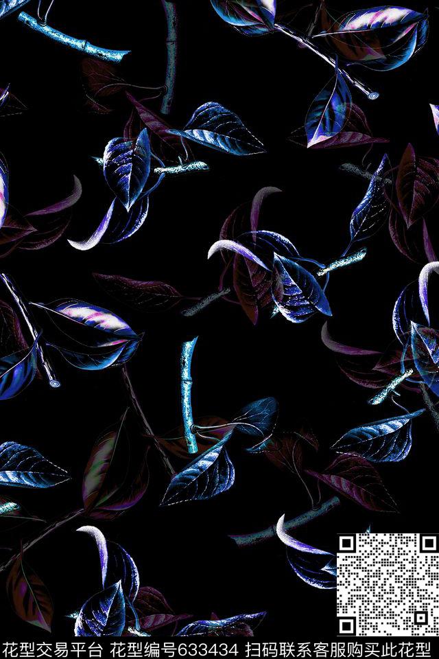 手绘叶子树枝数码印花华亿平台下载（图片编号: 633434） - 瓦栏（Walan）