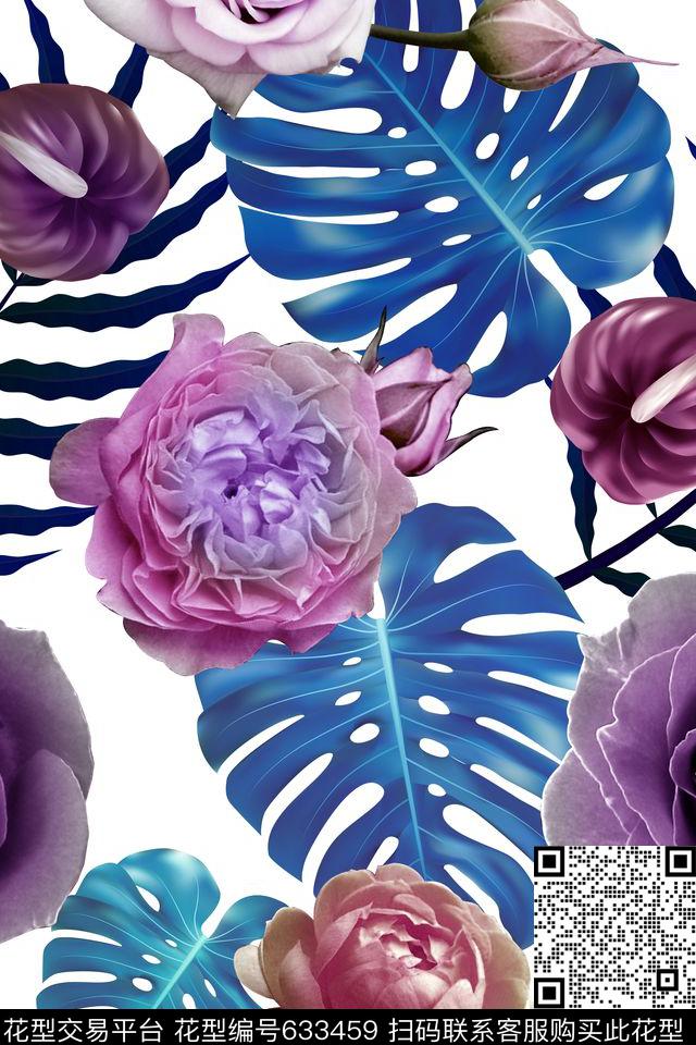 水彩叶子花朵数码印花华亿平台下载（图片编号: 633459） - 瓦栏（Walan）