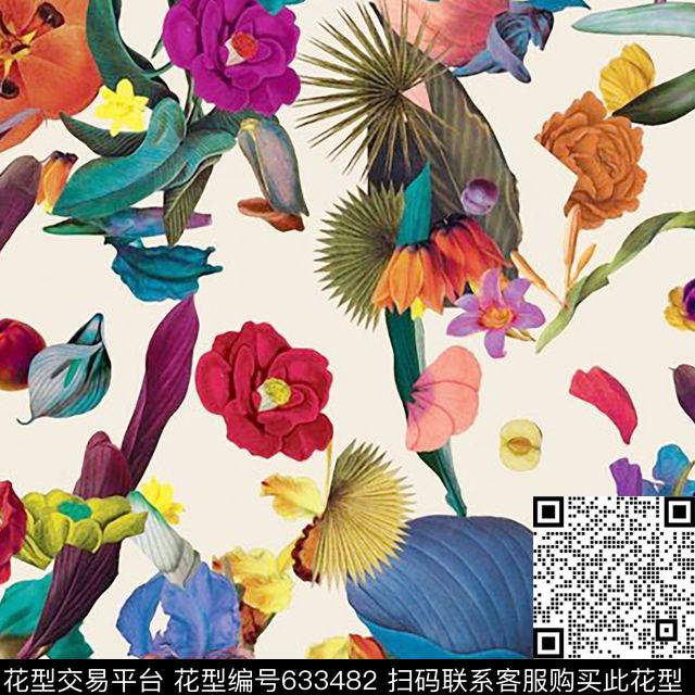 大花叶子花朵数码印花华亿平台下载（图片编号: 633482） - 瓦栏（Walan）