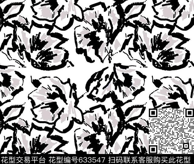 黑白花手绘笔触传统印花华亿平台下载（图片编号: 633547） - 瓦栏（Walan）