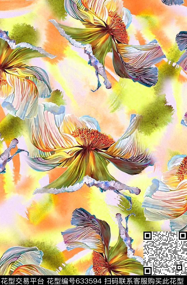 时尚抽象手绘油画花卉数码印花时尚潮流清爽艳丽油画印花时尚大牌女装裙子梭织棉印花数码印花华亿平台下载（图片编号: 633594） - 瓦栏（Walan）