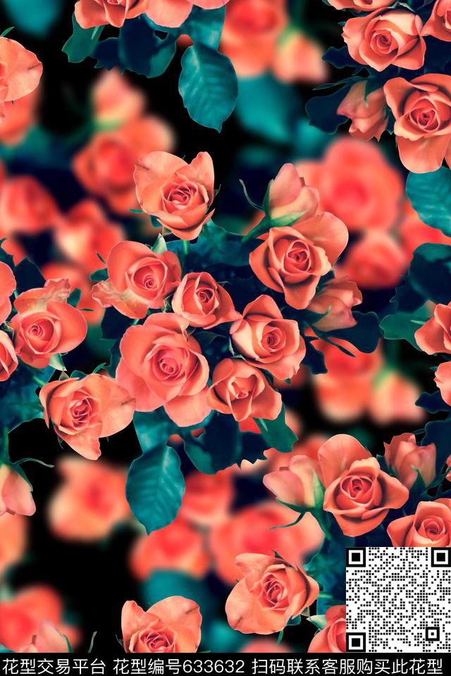 时尚抽象渐变玫瑰花花卉数码印花时尚流行设计大牌暗黑地花纹印花时尚潮流女装裙子外套夹克卫衣数码印花数码印花华亿平台下载（图片编号: 633632） - 瓦栏（Walan）