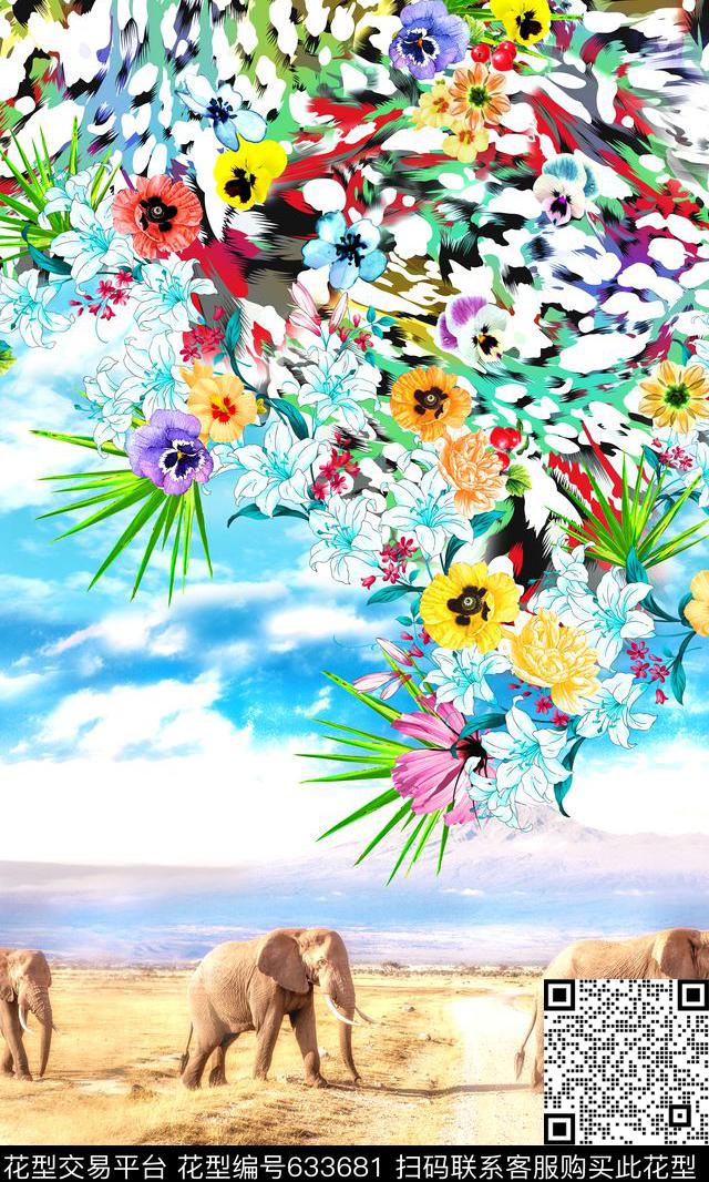 大象花卉豹纹数码印花华亿平台下载（图片编号: 633681） - 瓦栏（Walan）