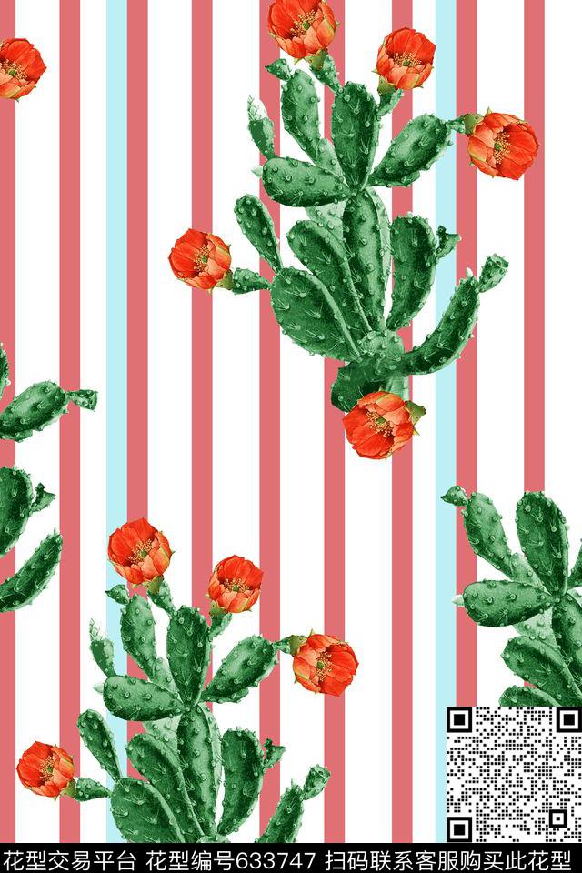 几何线条仙人掌红花数码印花华亿平台下载（图片编号: 633747） - 瓦栏（Walan）