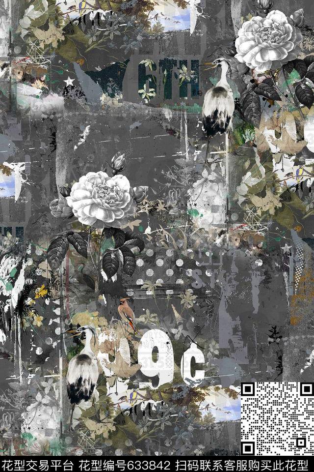 抽象花卉白鹭数码印花华亿平台下载（图片编号: 633842） - 瓦栏（Walan）
