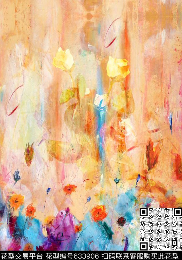 手绘花卉抽象油画花卉数码印花华亿平台下载（图片编号: 633906） - 瓦栏（Walan）