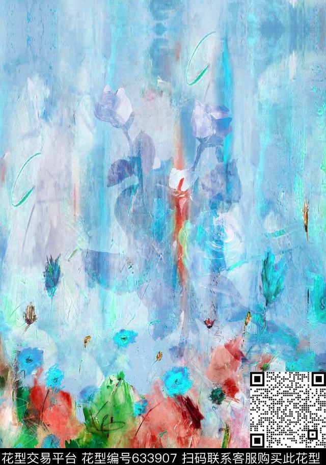手绘花卉抽象油画花卉数码印花华亿平台下载（图片编号: 633907） - 瓦栏（Walan）