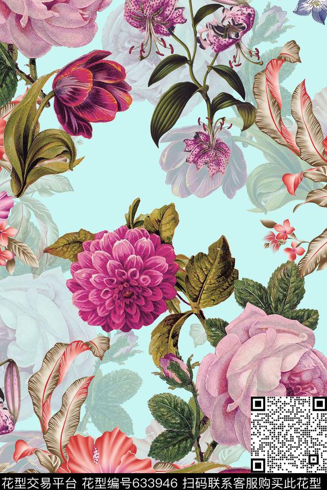 花卉清新花卉组合数码印花华亿平台下载（图片编号: 633946） - 瓦栏（Walan）