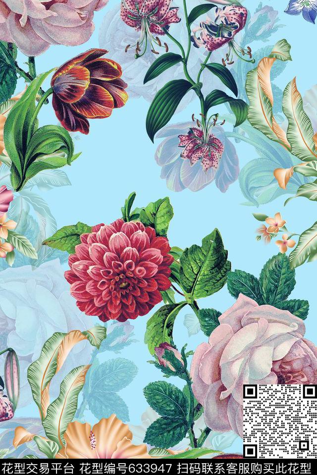 花卉清新花卉组合数码印花华亿平台下载（图片编号: 633947） - 瓦栏（Walan）