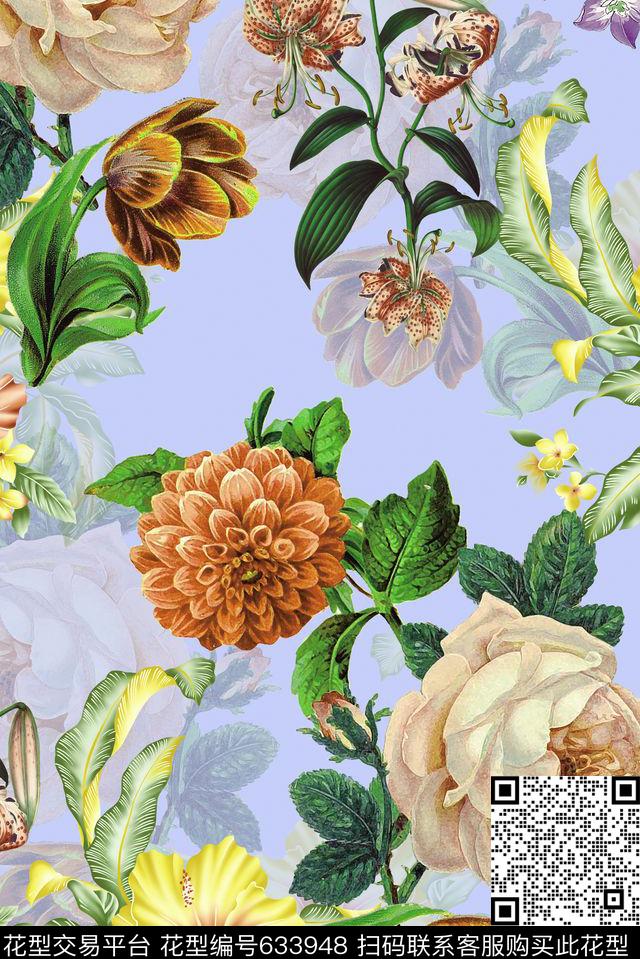 花卉清新花卉组合数码印花华亿平台下载（图片编号: 633948） - 瓦栏（Walan）