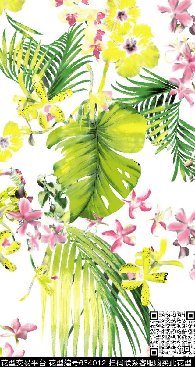热带棕榈叶白底花卉数码印花华亿平台下载（图片编号: 634012） - 瓦栏（Walan）